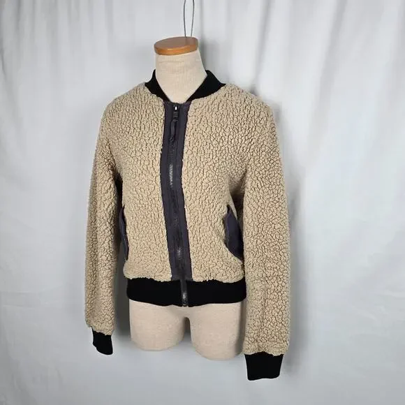 Anthropologie Marrakech Sherpa Bomber Jacket Women's S Tan Black Zip Up - Picture 2 of 14